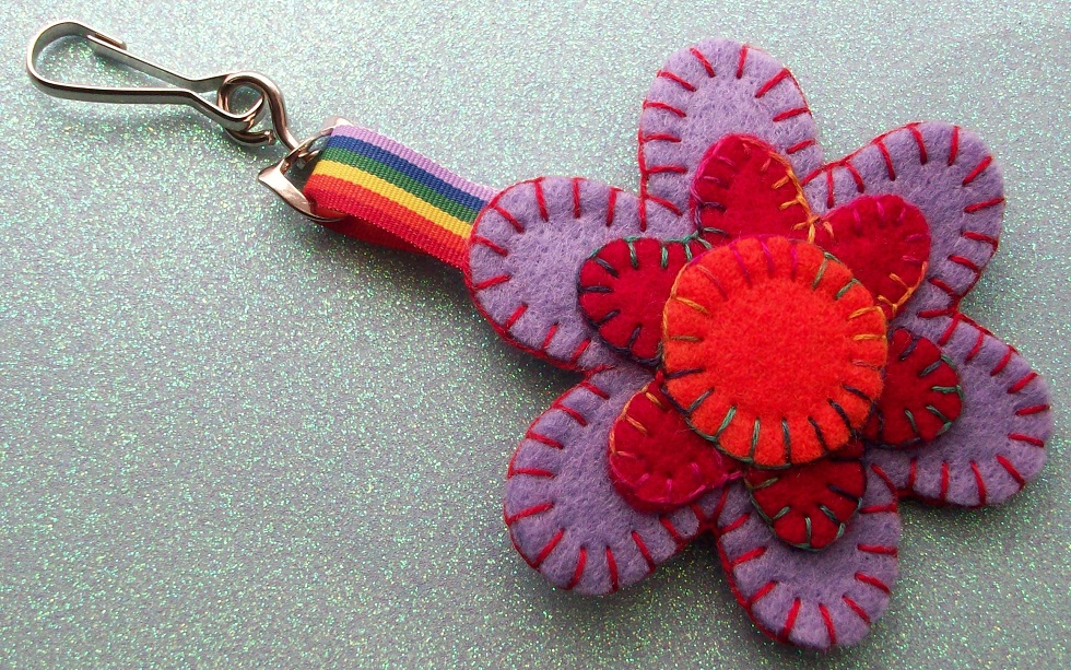 Hand Stitched Keyring/bag Charm - Floral Dippy Hippy Theme - Mostly Mauve