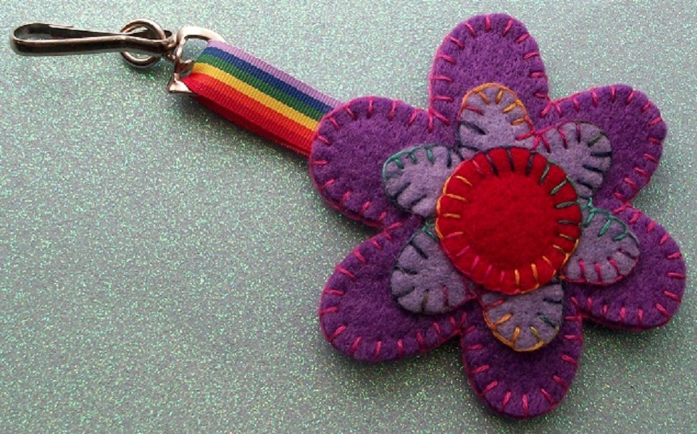 Hand Stitched Keyring/bag Charm - Floral Dippy Hippy Theme - Mostly Purple