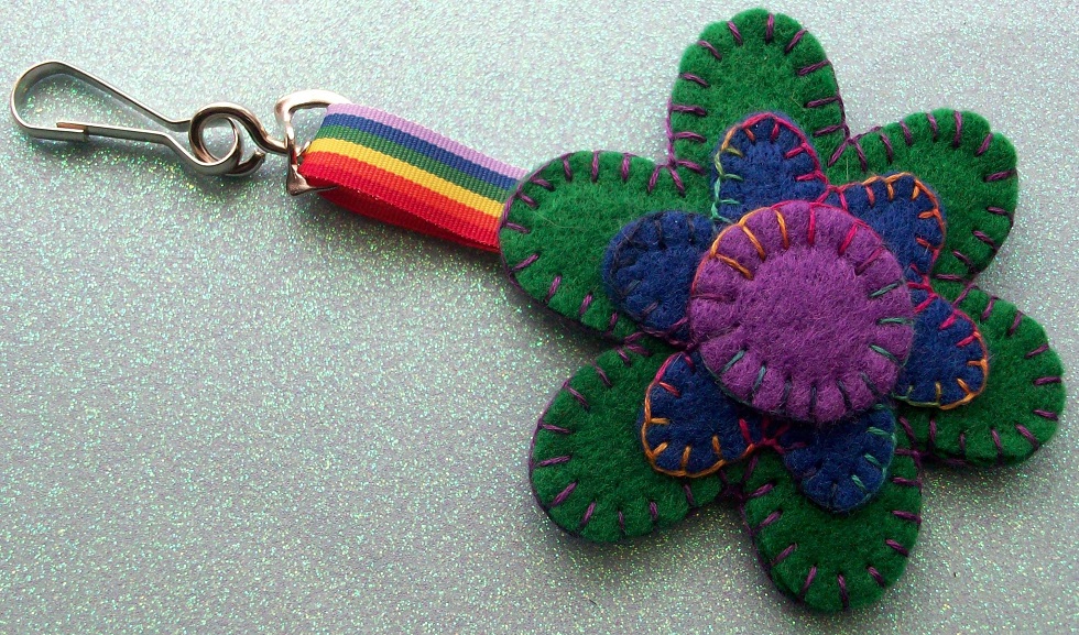 Hand Stitched Keyring/bag Charm - Floral Dippy Hippy Theme - Mostly Green