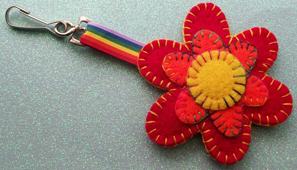Hand Stitched Keyring/bag Charm - Floral Dippy Hippy Theme - Mostly Red